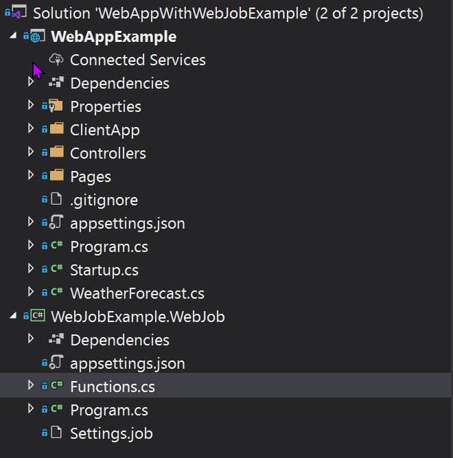 Web App with Web Job Visual Studio Solution Explorer