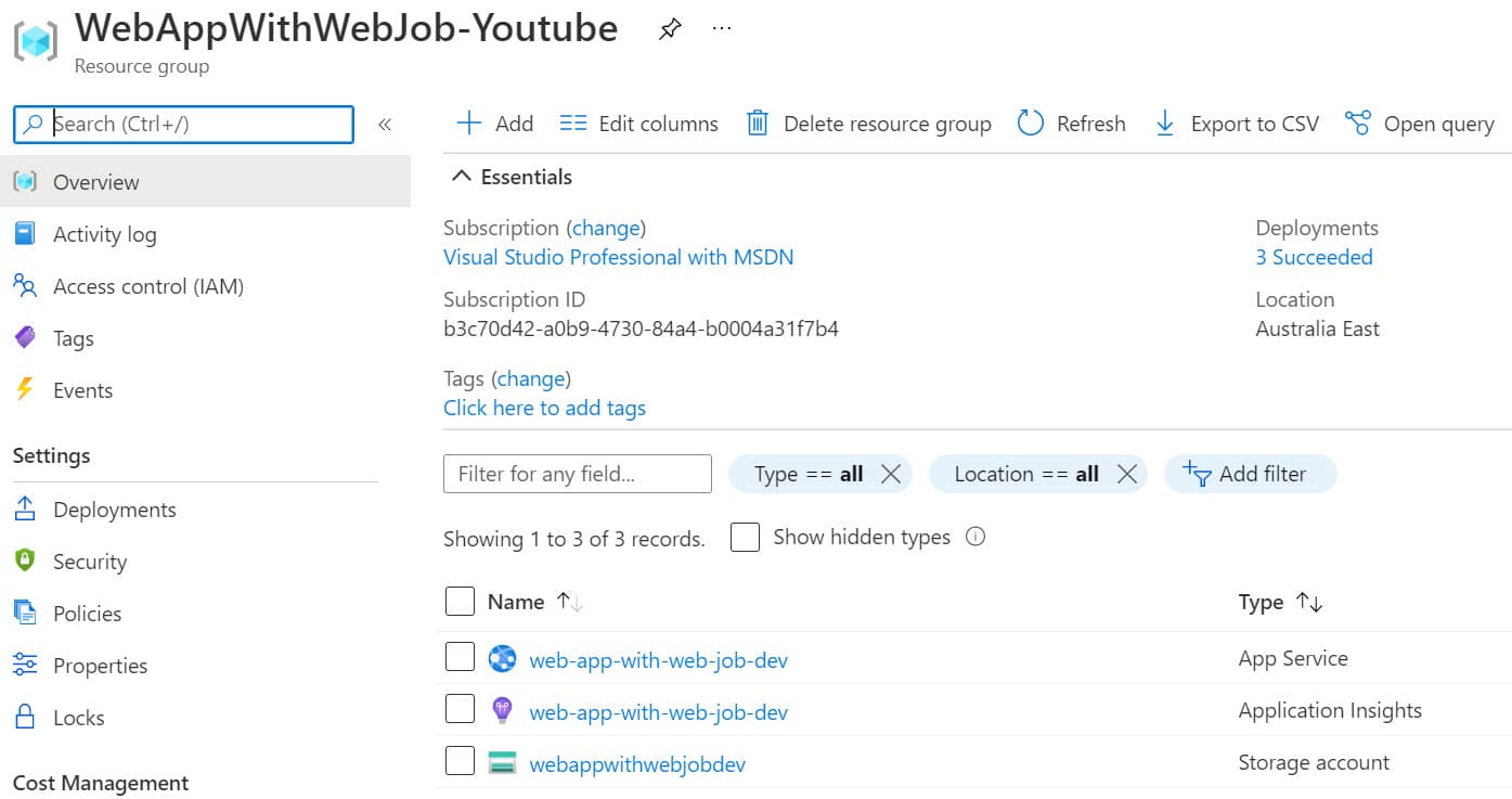 Azure Portal Resource Group with the associated resources